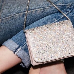 iridescent crystal embellished crossbody clutch in Blush